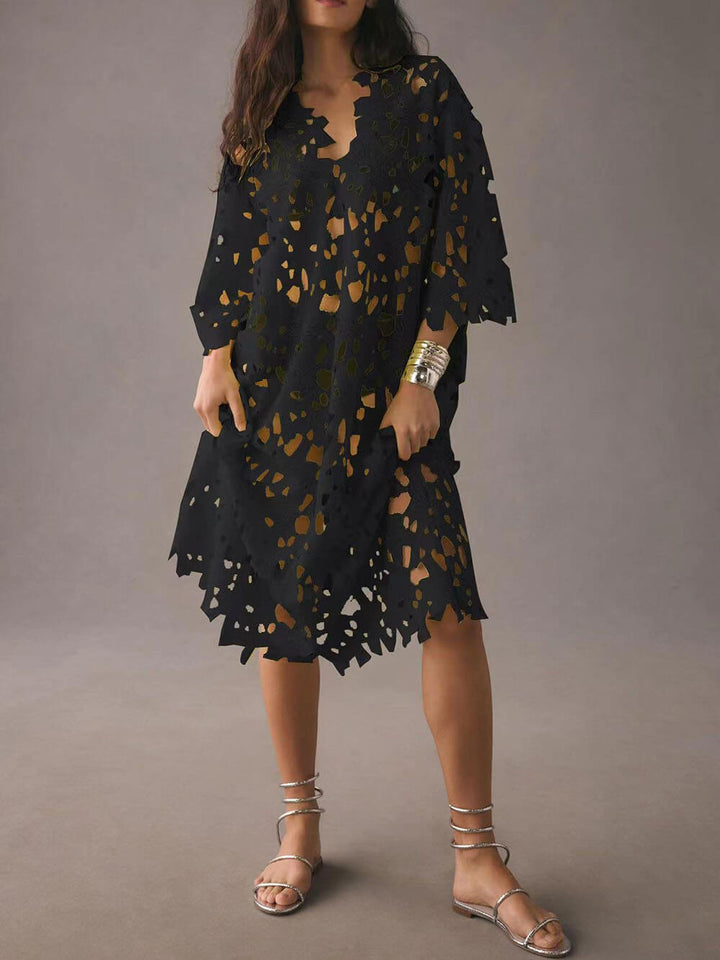 Ofelia - Vestido midi de manga larga con ojales florales
