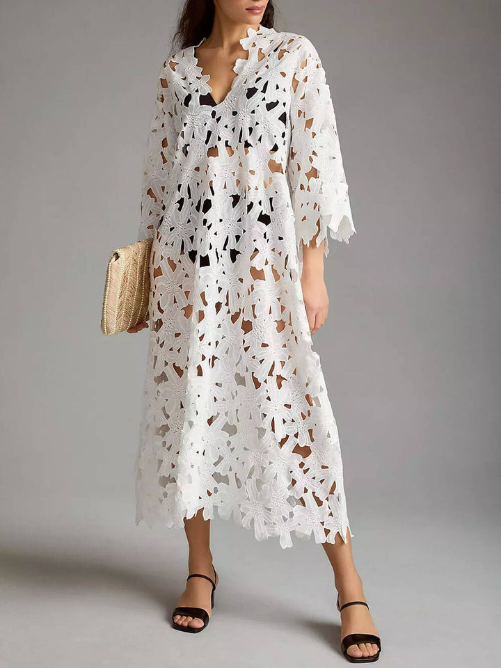Ofelia - Vestido midi de manga larga con ojales florales