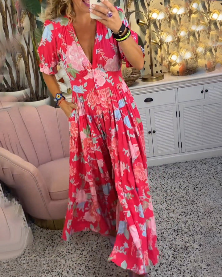 Jacinta - Vestido de bolsillo con estampado floral y escote en V