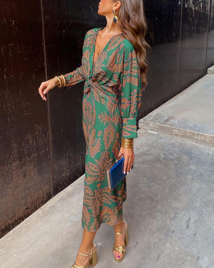 Zulema - Vestido Midi Largo Vintage con Mangas Largas Drapadas