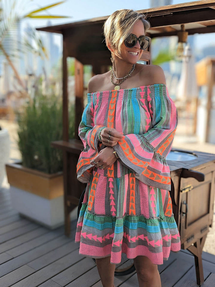 Elena - Vestido Mini Boho de Hombros Descubiertos