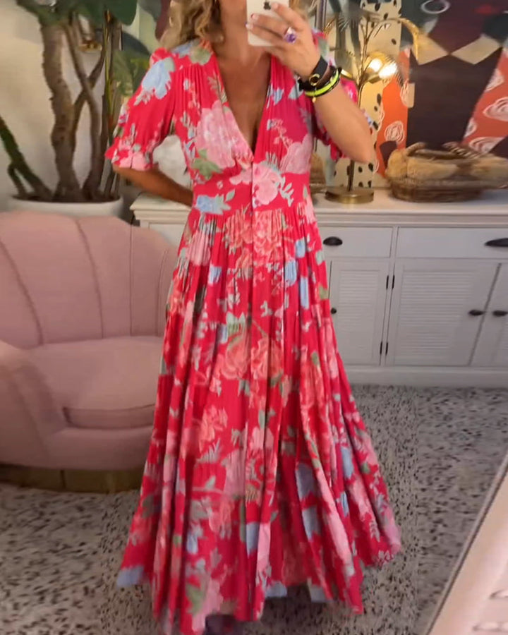Jacinta - Vestido de bolsillo con estampado floral y escote en V