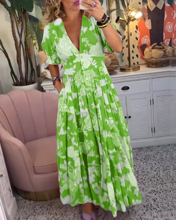 Jacinta - Vestido de bolsillo con estampado floral y escote en V