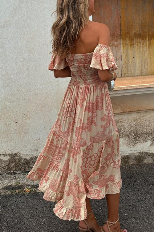 Claudia - Vestido midi con hombros al descubierto y frunce