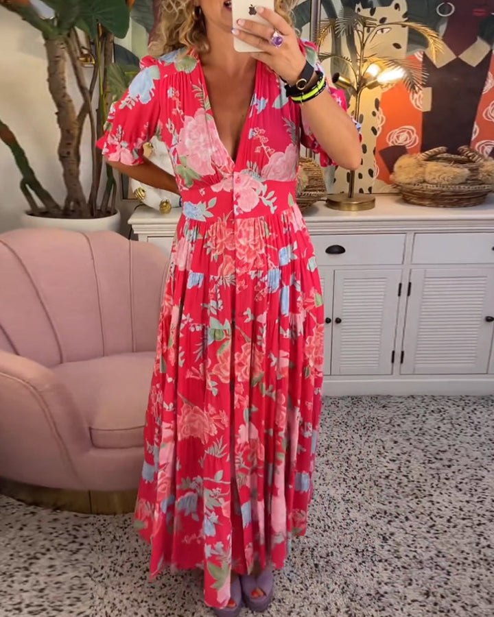 Jacinta - Vestido de bolsillo con estampado floral y escote en V