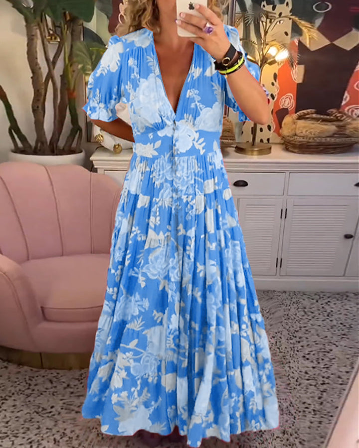 Jacinta - Vestido de bolsillo con estampado floral y escote en V