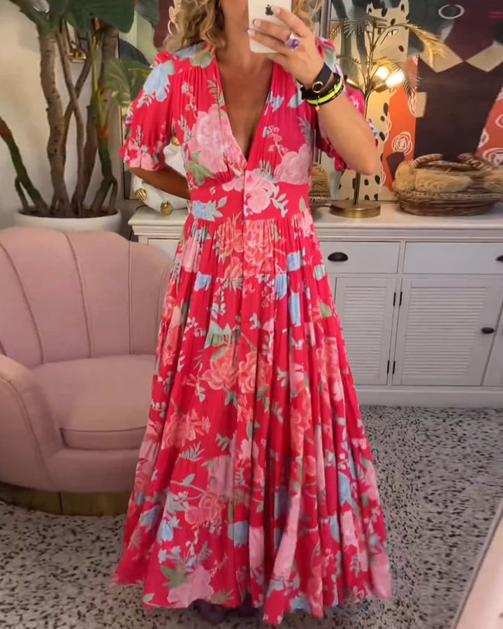 Jacinta - Vestido de bolsillo con estampado floral y escote en V