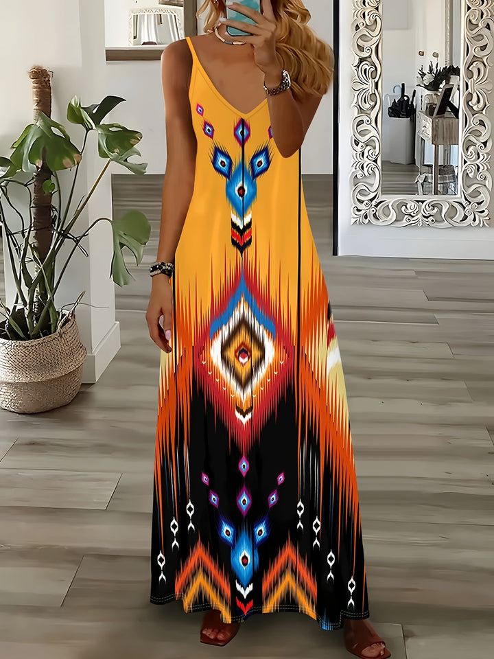 Elena | Vestido Maxi de Estampado Étnico Geométrico