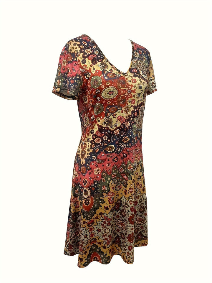 Verónica | Vestido de Cuello en V con Estampado Floral Étnico