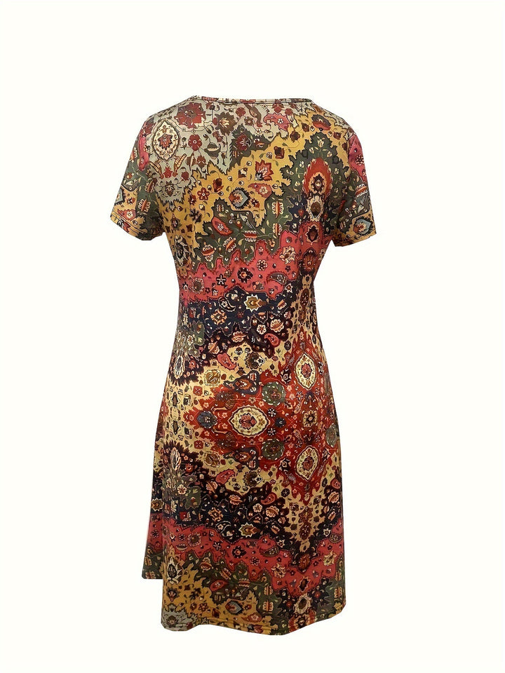 Verónica | Vestido de Cuello en V con Estampado Floral Étnico