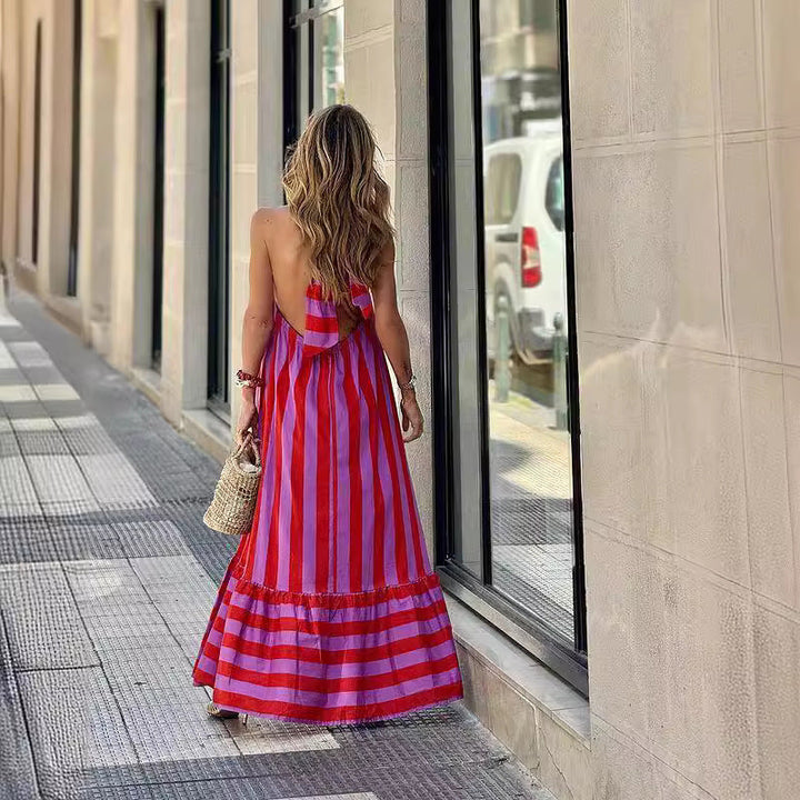 Belén - Vestido Maxi Sin Espalda a Rayas Vibrantes