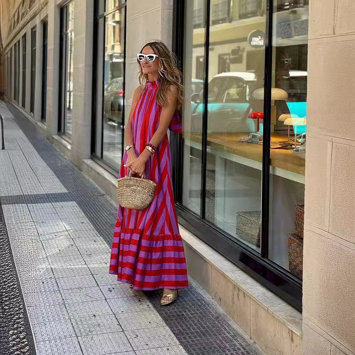 Belén - Vestido Maxi Sin Espalda a Rayas Vibrantes