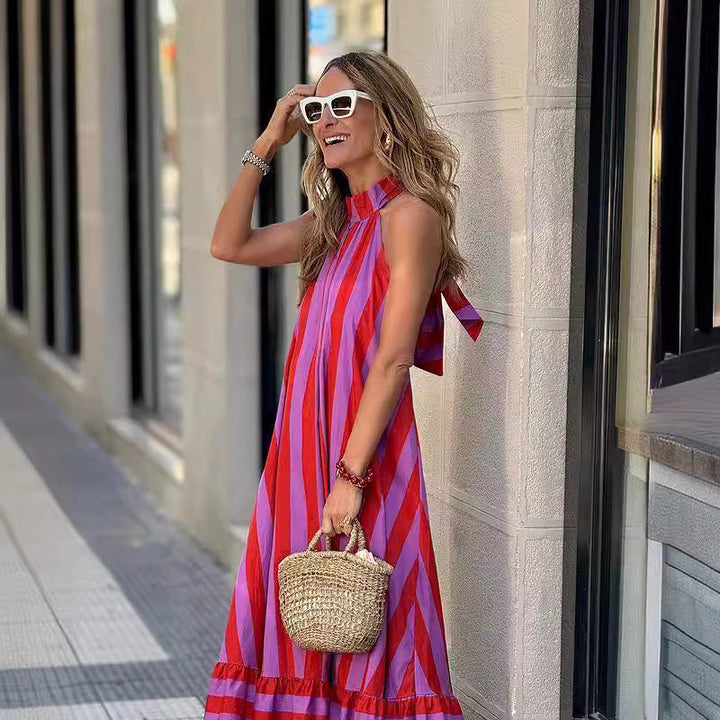 Belén - Vestido Maxi Sin Espalda a Rayas Vibrantes