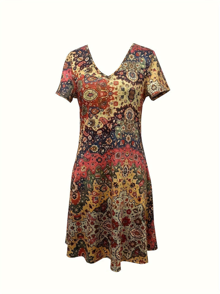 Verónica | Vestido de Cuello en V con Estampado Floral Étnico